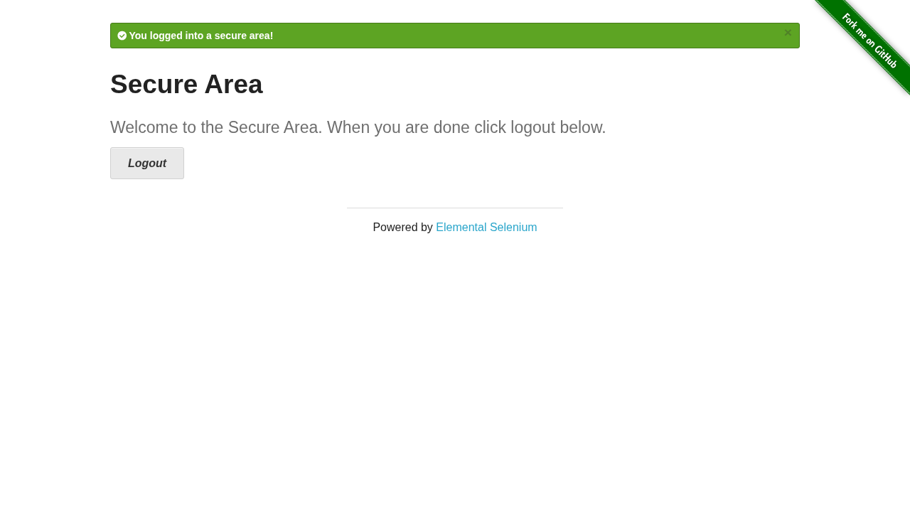 Secure Area demo page after successful login, with the success message and Logout button