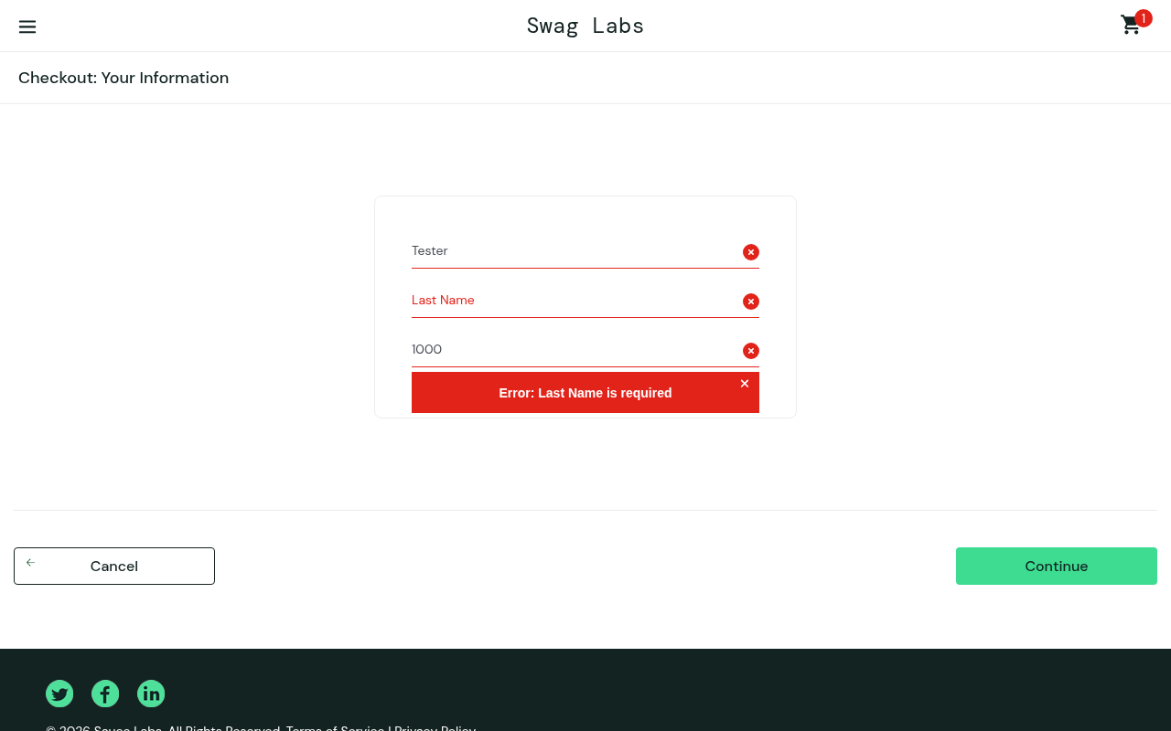 Problem-account checkout with Tester in the first-name field, empty last name, postal code 1000 and Last Name is required error