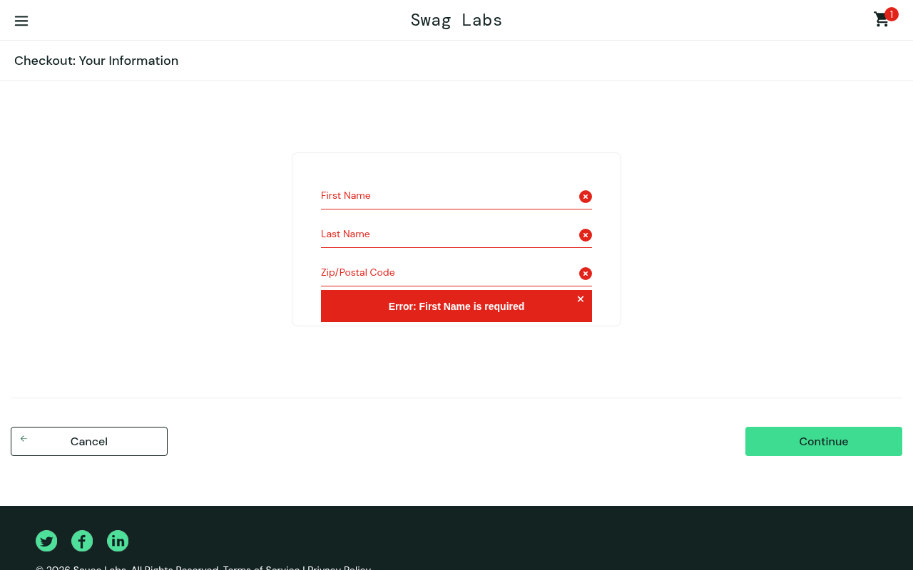 Standard-account checkout rejecting an empty form with First Name is required